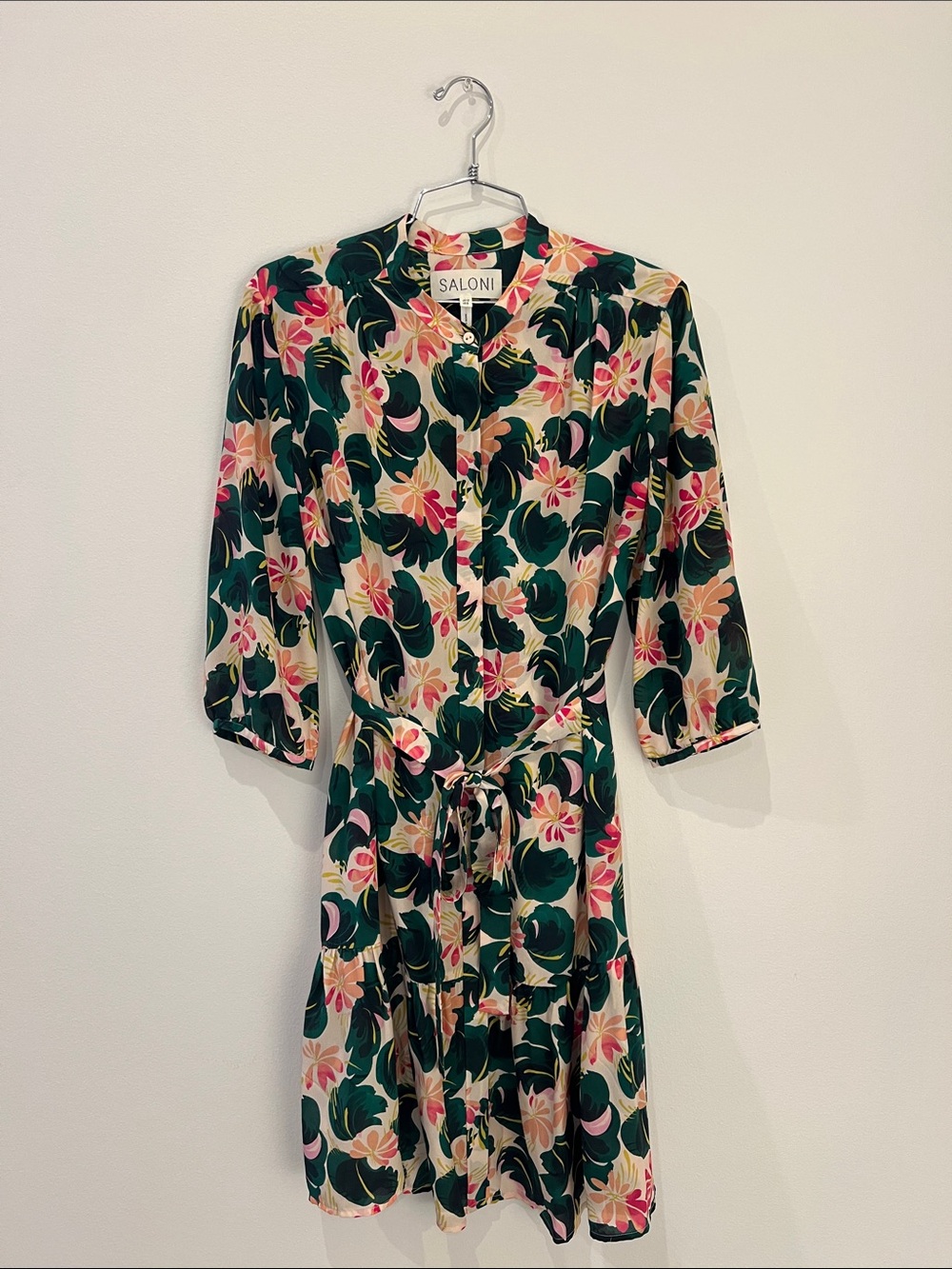 SALONI Green Floral Button-Front Midi Dress with Self-Tie Waist